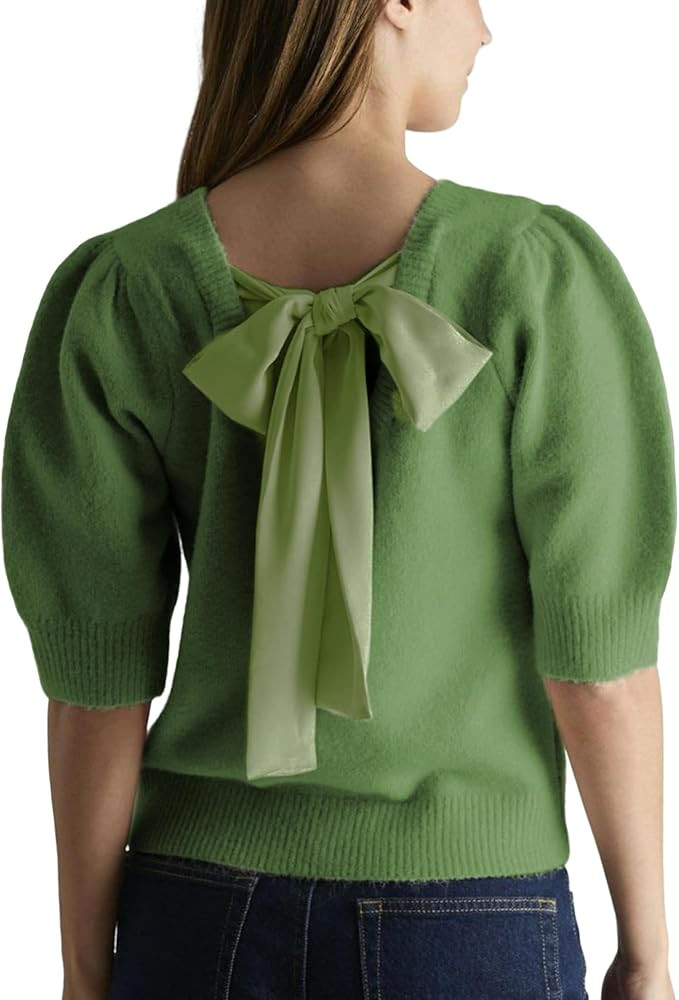 Seyumixi Women Cute Bow Sweater Puff Short Sleeve Crewneck Knitted Shirt Bowknot Tie Back Knit Pu... | Amazon (US)