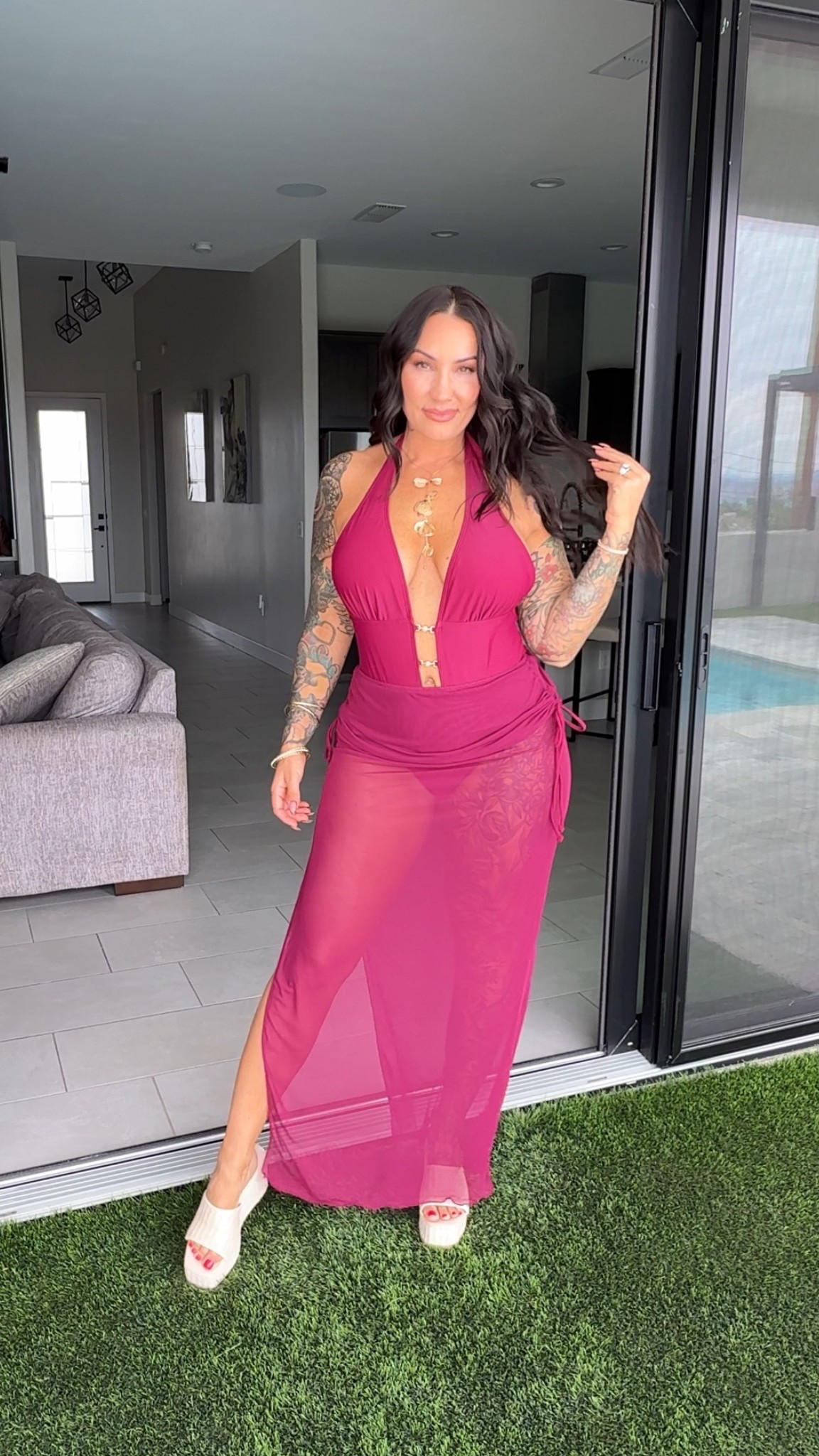 One piece, gold, jewel, DV, detailed swimsuit and cover-up ￼

#LTKMidsize #LTKMothersDay #LTKSwim