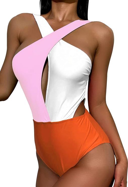Women's One Piece Swimsuit, Wrap Color Block Bathing Suit，Criss Cross Tie Knot Front Monokini S... | Amazon (US)