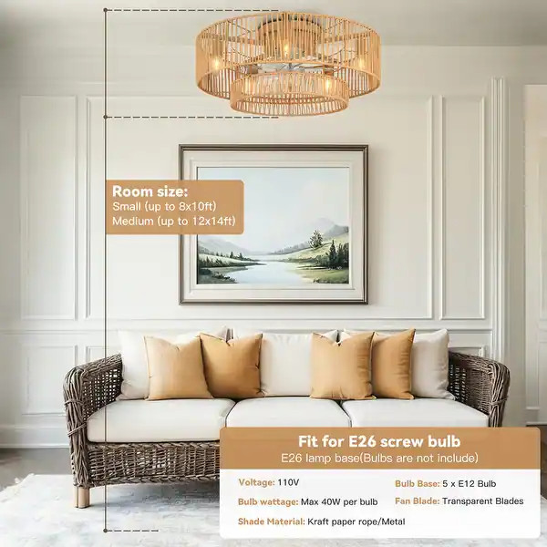 20 in. Indoor Khaki Kraft Paper Rope Cage Ceiling Fan with Lights and Remote Control, Flush Mount... | Bed Bath & Beyond