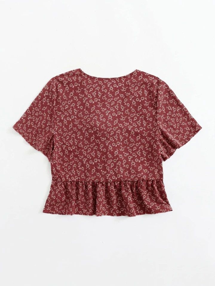 SHEIN Holidaya Ditsy Floral Tie Front Peplum Blouse For New Year Clothes Peplum Top | SHEIN