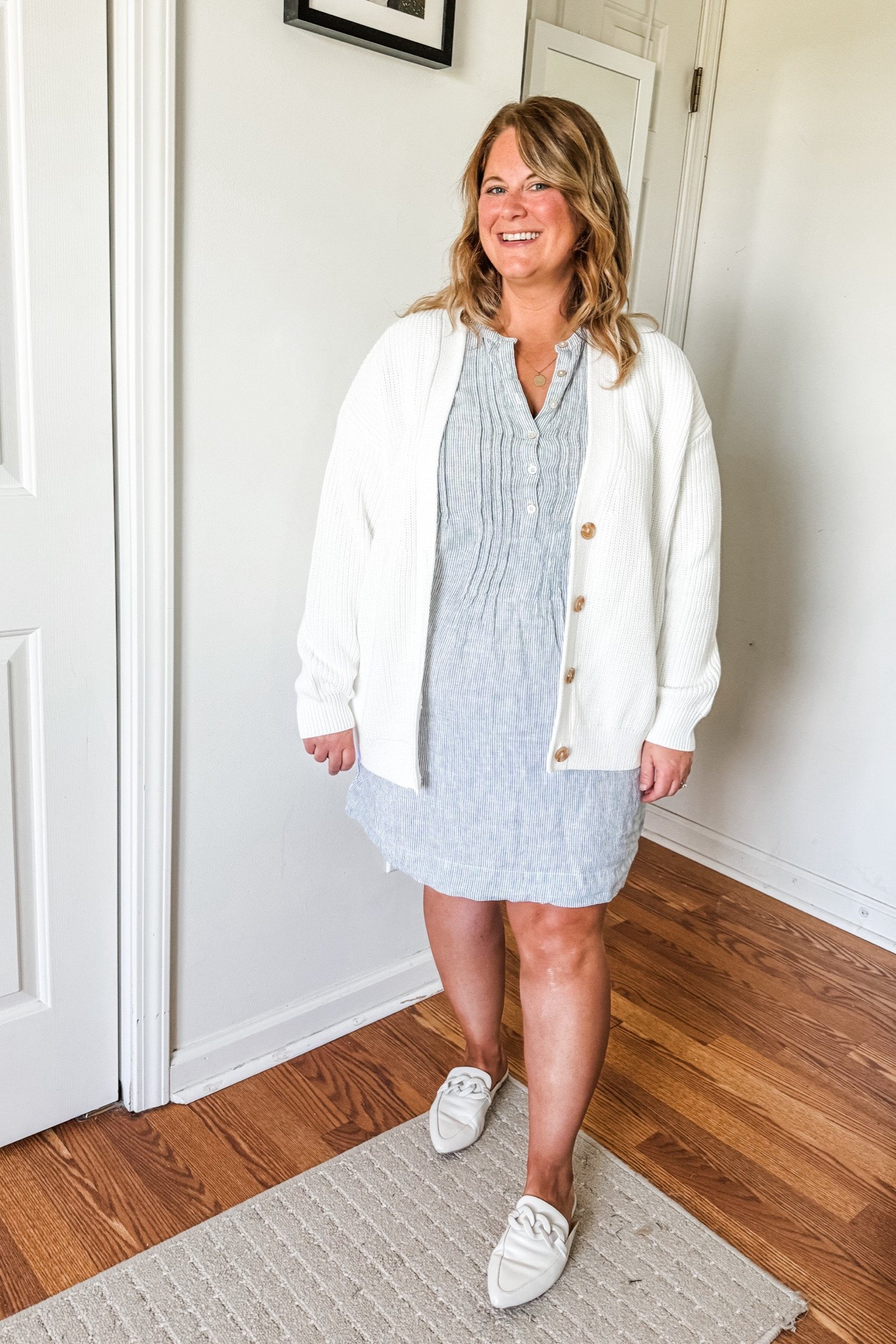 One of my favorite teacher dresses is this linen dress.  And this cardigan is great quality and will be so warm!  Mules are from last year - linked this year 

#LTKWorkwear #LTKMidsize #LTKStyleTip