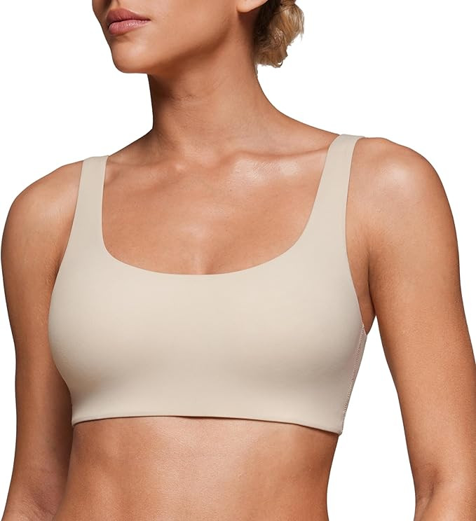 CRZ YOGA Softhold Double Lined U Back Bralette - Womens Scoop Neck Lounge T-Shirt Everyday Bras S... | Amazon (US)