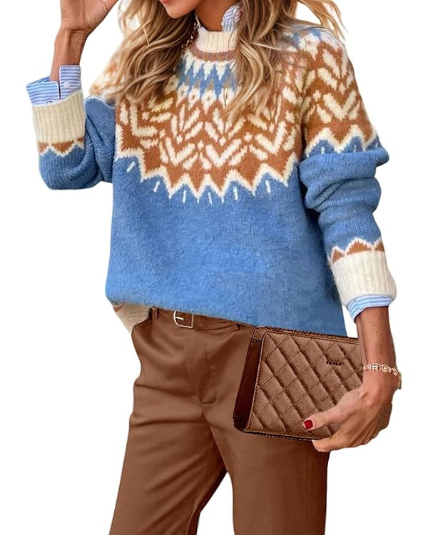 EARKOHA Women's Casual Mock Neck Ribbed Sweater Pullover 2024 Fall Oversized Long Sleeve Print Sw... | Amazon (US)