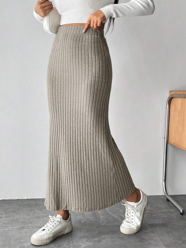 SHEIN PETITE Women'S Ribbed Mermaid Hem Skirt | SHEIN