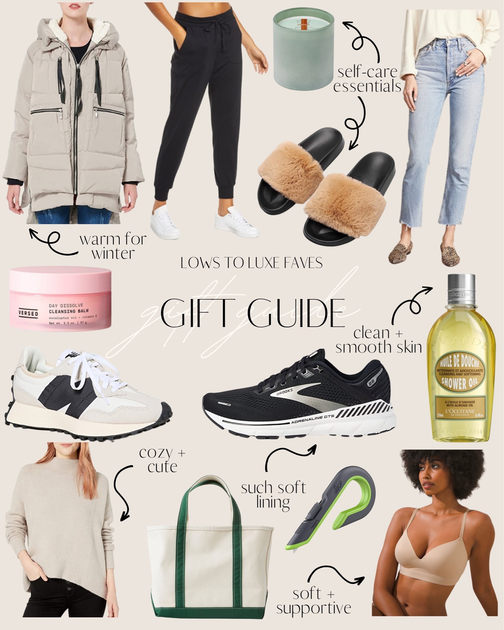 Gift Guide Lows of Luxe Faves - Warm Gifts - Sneakers - Cozy Gifts - Intimates - Slippers - Jacket - Pants - Self Care 

#LTKHoliday #LTKSeasonal #LTKstyletip