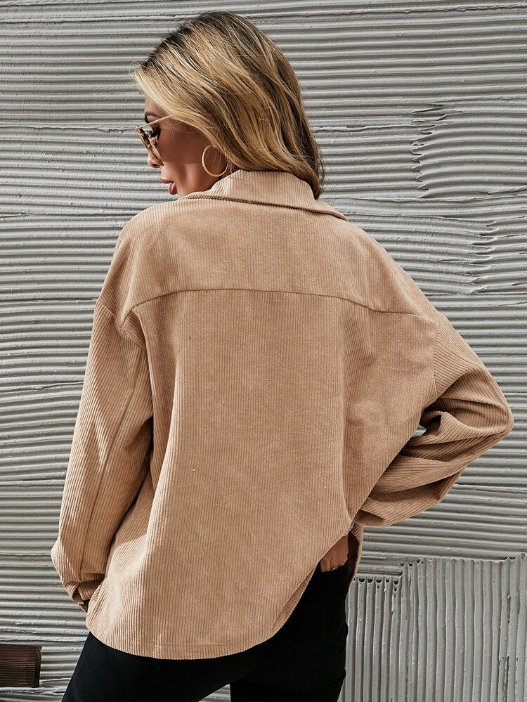 Flap Pocket Drop Shoulder Corduroy Jacket | SHEIN