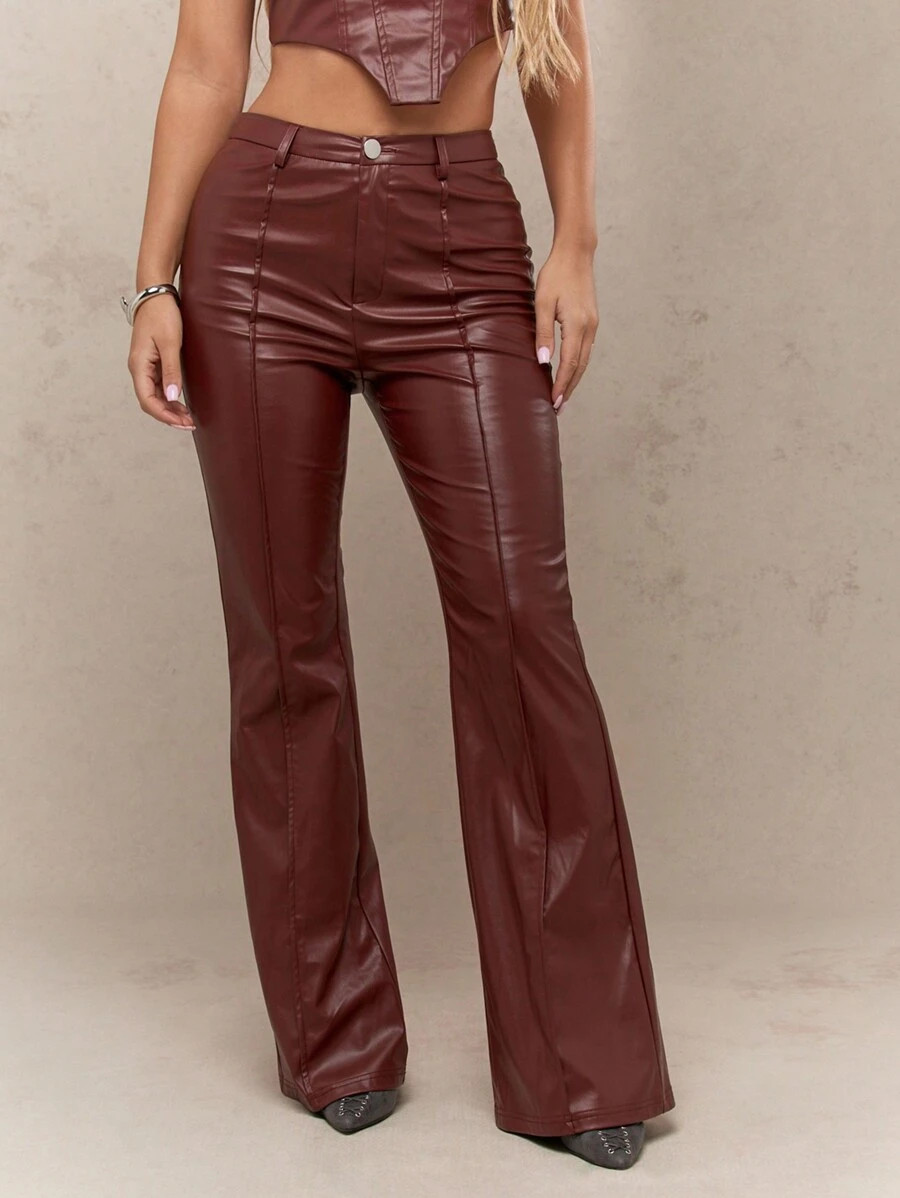 MISSGUIDED Western Pleat Stitch Flare Hem High Waist Faux Leather PU Trouser Western Wear Office ... | SHEIN