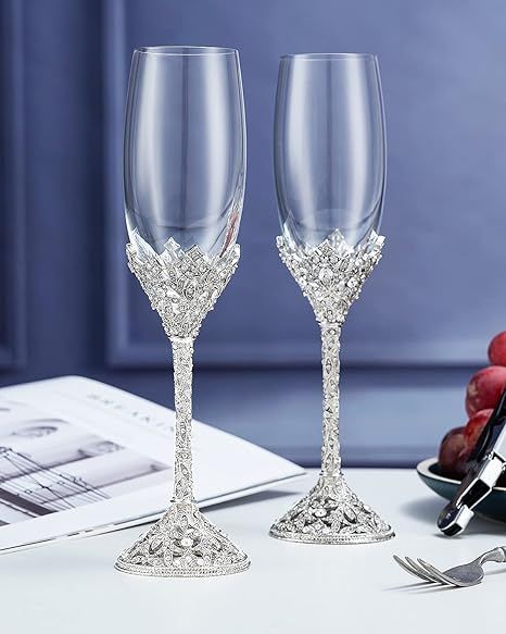 Champagne Flutes - Crystal Champagne Glasses Metal Base With Crystal Stones, Set of 2 Toasting Fl... | Amazon (US)