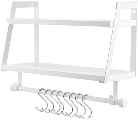 Kakivan 2-Tier Floating Shelves Wall Mount for Kitchen Spice Rack with 8 Hooks Storage, White Wood W | Amazon (US)