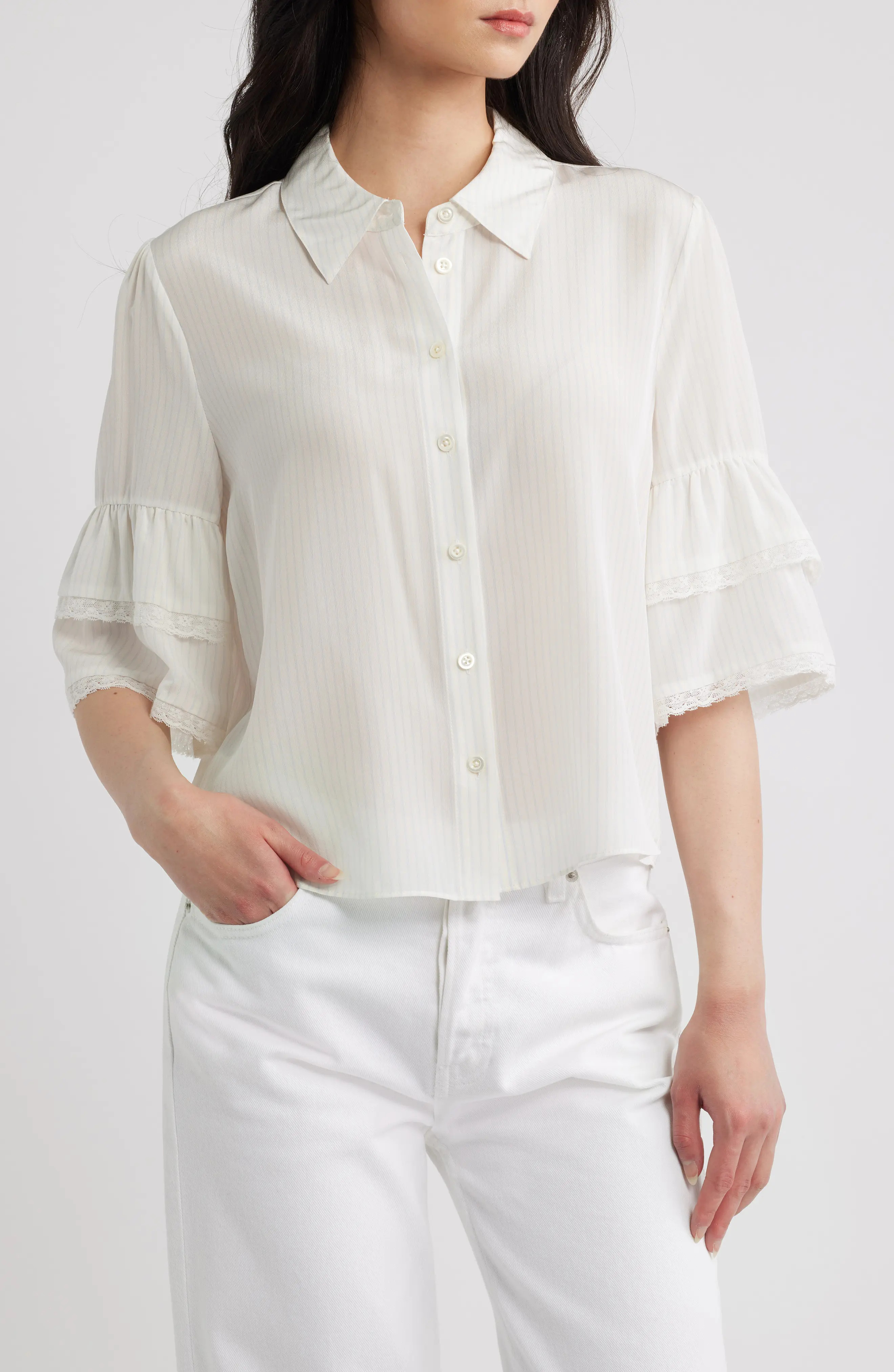FRAME Lace Trim Ruffle Sleeve Silk Button-Up Top in Cream Multi at Nordstrom, Size Medium | Nordstrom