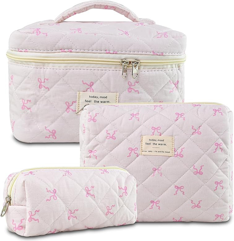 Quilted Makeup Bag, Cute Floral Cotton Cosmetic Bag set, Coquette Bow Makeup Pouch Large Travel T... | Amazon (US)