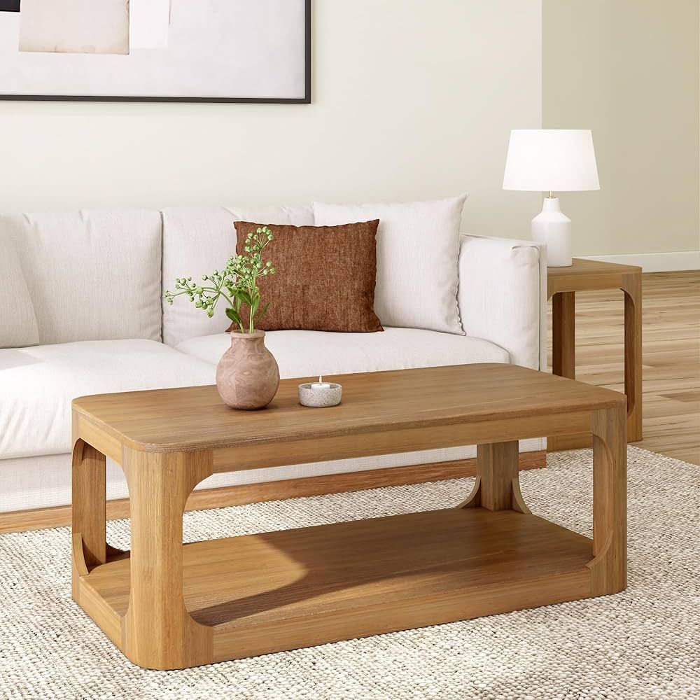Plank+Beam Forma Coffee Table, Solid Wood 48 Inch Modern Coffee Table with Shelf, Contemporary Ce... | Amazon (US)