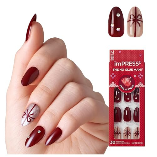 KISS imPRESS Holiday Press On Nails Almond, ‘Wrap Me Up’, Burgundy, Medium, Magnetic Powder Effect, Improved Super Hold Adhesive, 30 Fake Nails, Prep Pad, Mini Nail File, & Manicure Stick | Amazon (US)