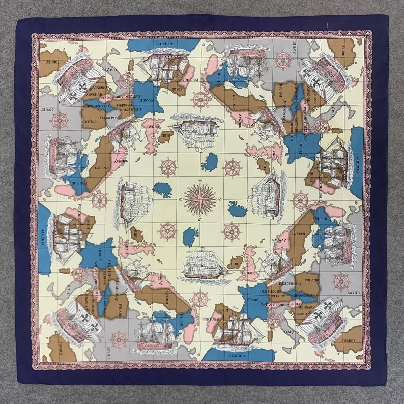 Vintage Silk Scarf Sea World Map, Pure Silk Twill Neck Scarf, Vintage 90s Accessories Classic Sha... | Etsy (US)