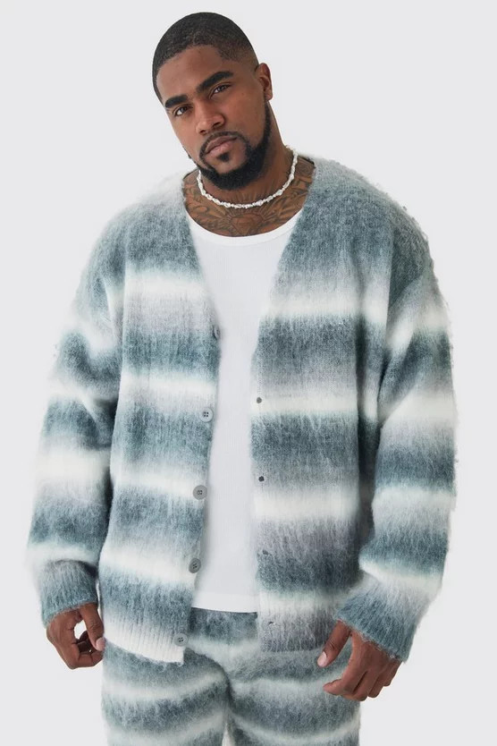 Plus Boxy Fit Knitted Brushed Stripe Cardigan | boohooMAN (DE, IE & UK)