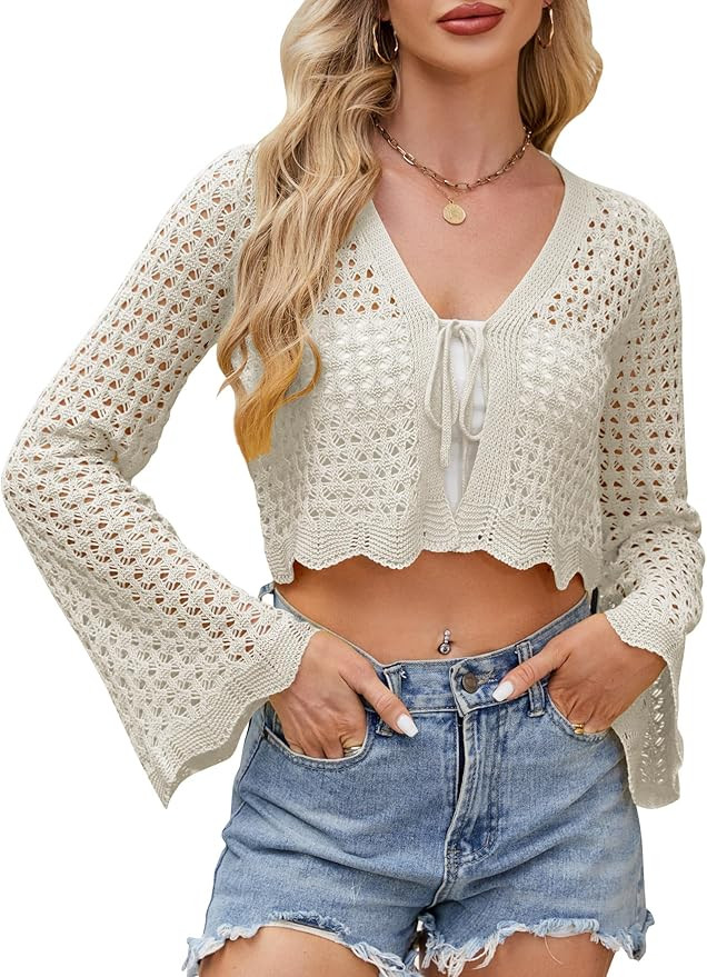 Women's Soft Crochet Tie Front Cardigan Cropped Knit Bolero Shrug Summer Beach Cover Up Top | Amazon (US)