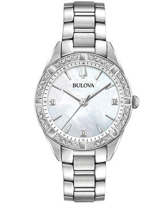 Bulova Women's Sutton Diamond (1/10 ct. t.w.) Stainless Steel Bracelet Watch 32.5mm - Macy's | Macy's