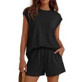 SUNBS Lounge Sets for Women Two Piece Outfits Crew Neck Short Sets Cap Sleeve Drawstring with Poc... | Walmart (US)