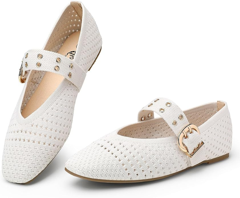 Trary Knit Flats for Women Square Toe Ballet Flats with Buckle Straps Mary Jane Shoes Women Comfo... | Amazon (US)