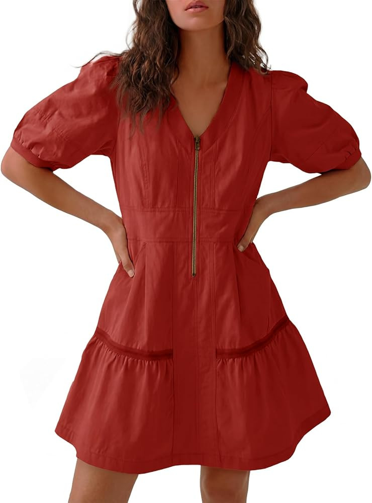 Fisoew Women's Short Sleeve Mini Dress Casual Half Zip V Neck Loose Mesh Back Utility Summer Dres... | Amazon (US)