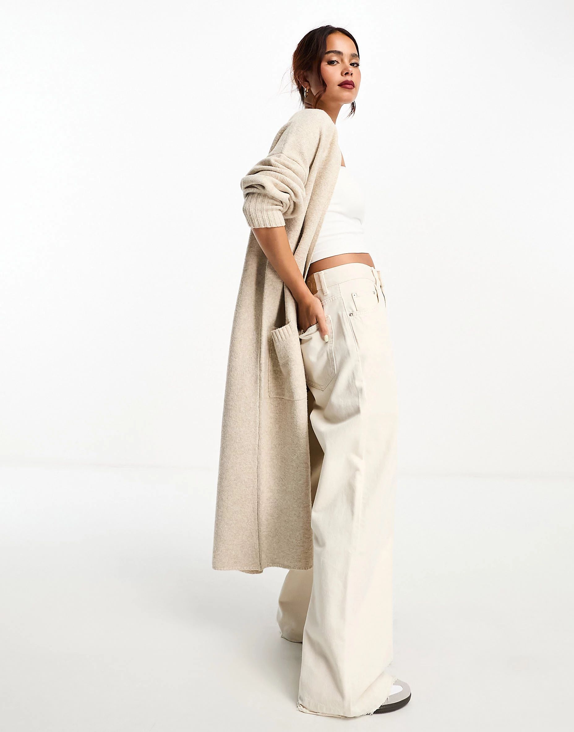 ASOS DESIGN maxi cardigan with pockets in oatmeal | ASOS (Global)