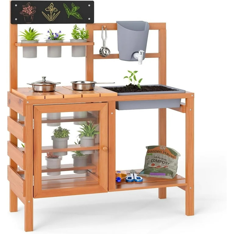 OLAKIDS Mud Kitchen for Kids Outdoor, Wooden Toddler Play Kitchen with Sink Faucet 12 Pots Chalkb... | Walmart (US)