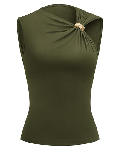 BTFBM Spring Tops for Women 2026 Asymmetrical Neck Sleeveless Going Out Summer Outfits Casual Ruched Y2k Tank Top Clothes(Army Green, X-Small) | Amazon (US)