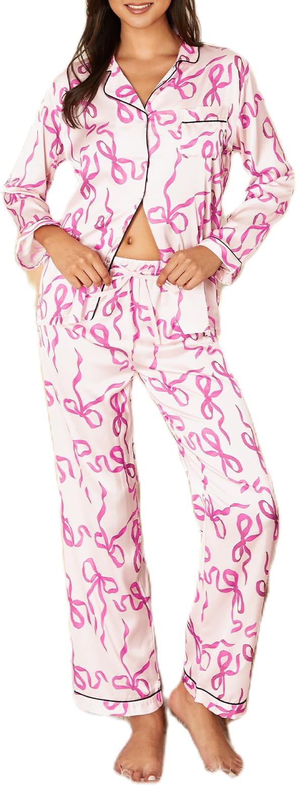 cochineal Bow Pajamas for Women Long Sleeve Button Shirt Lounge Pants Pjs Set Silk Satin 2 Piece ... | Amazon (US)