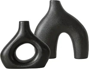 BLACK Ceramic Vase Set of 2 for Modern Home Decor, Round Matte Donut Vases for Pampas Grass, Neut... | Amazon (US)