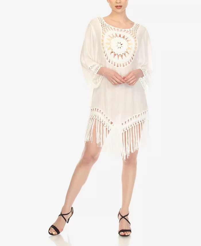White Mark Women's Crocheted Fringed Trim 3/4 Sleeves Cover Up Dress - Macy's | Macy's