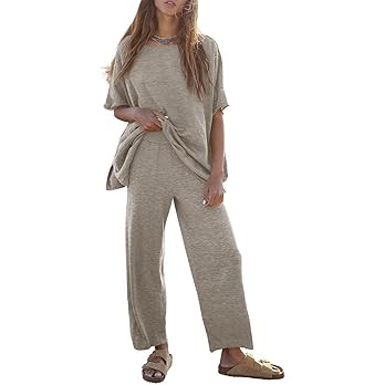 Tankaneo Women's 2 Piece Travel Outfits Casual Short Sleeve Knit Sweater Set Wide Leg Pants Loung... | Amazon (US)