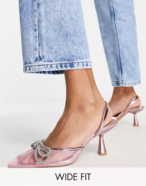 ASOS DESIGN Wide Fit Shadow embellished slingback mid heeled shoes in pink | ASOS (Global)