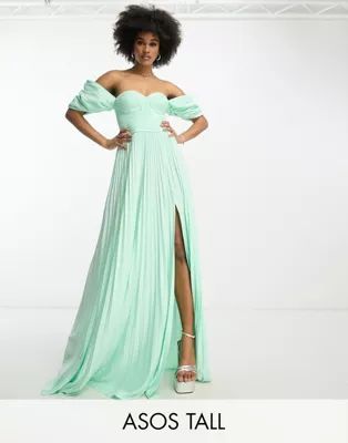 ASOS DESIGN Tall sweetheart neck off shoulder pleated maxi dress in sage green | ASOS (Global)