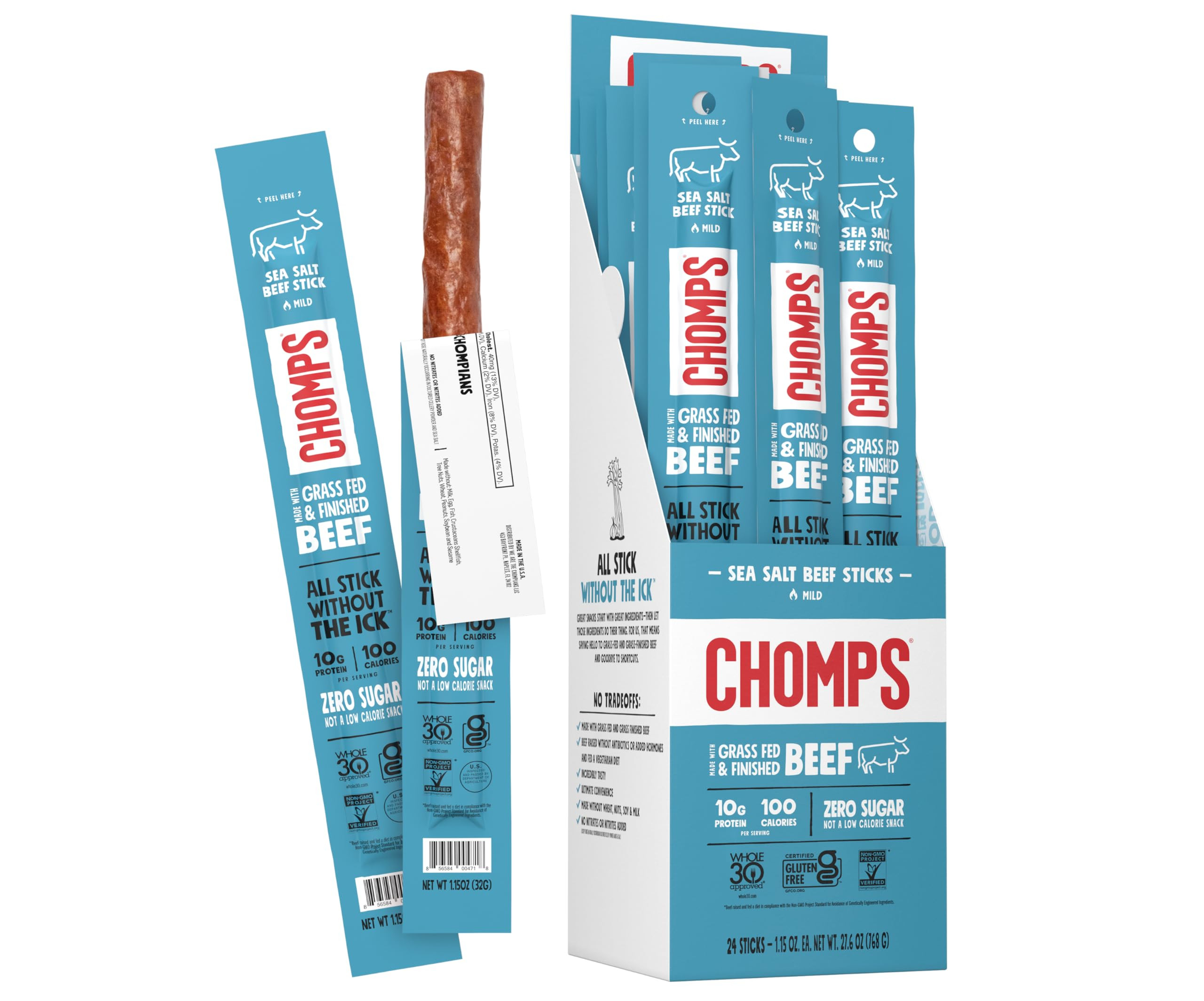 CHOMPS Grass Fed Sea Salt Beef Jerky Snack Sticks, Keto, Whole30, Paleo, Gluten Free, Sugar Free, Low Carb, AIP Diet Compliant, 1.15 Oz, Pack of 24 | Amazon (US)