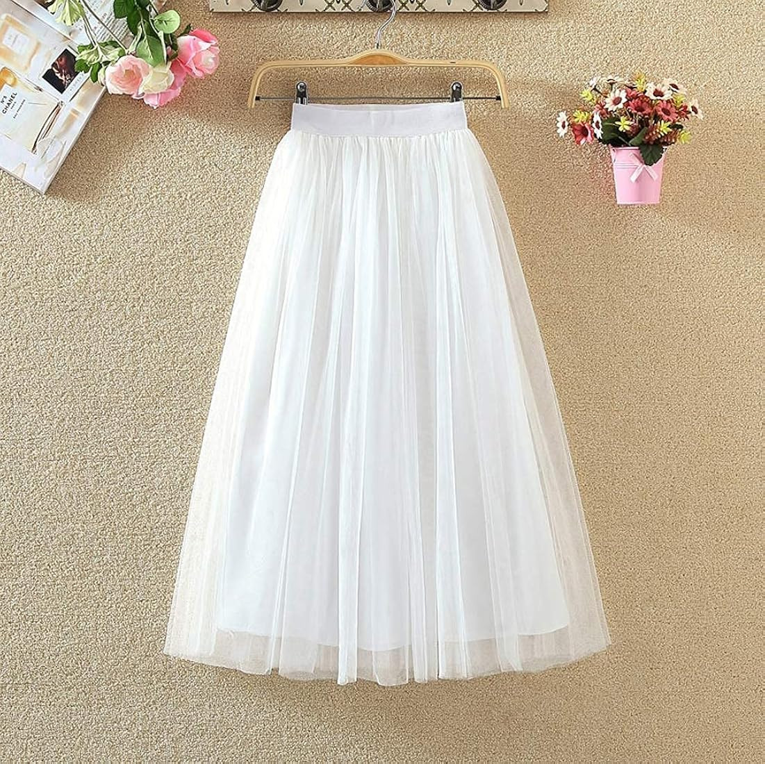 LBKKC Women's Midi Tulle Skirt Elastic Waist 3 Layered Mesh Formal Prom Party Tutu Skirt A Line | Amazon (US)