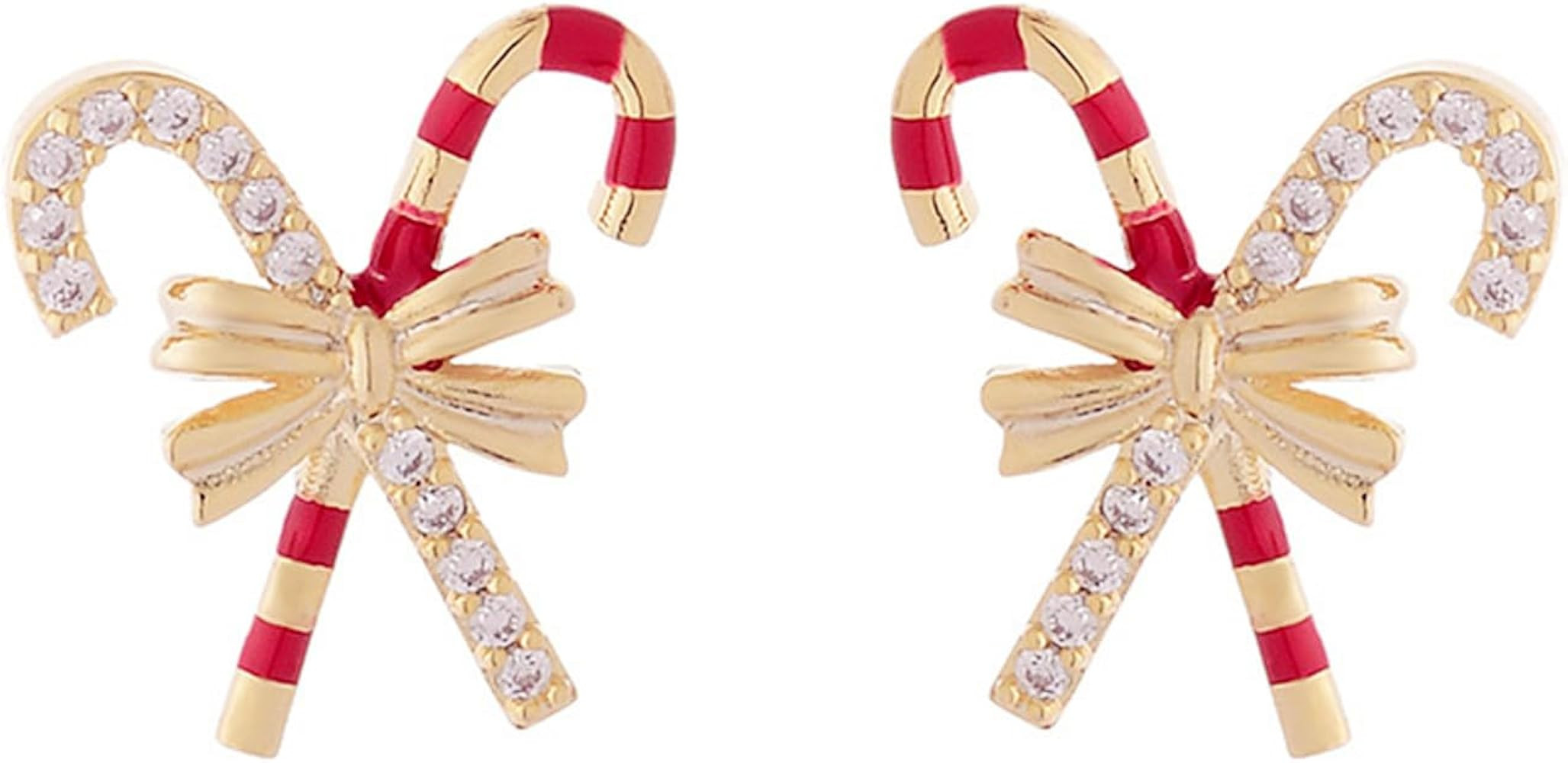 Candy Cane Crystal Small Stud Earrings Gold Plated Funny Cute Christmas Crutch Bowknot Sparkly Rh... | Amazon (US)
