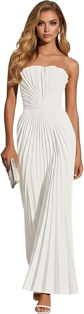 Strapless Bridesmaid Dress Pleated Chiffon Long Formal Prom Dress for Cocktail Party Gowns | Amazon (US)