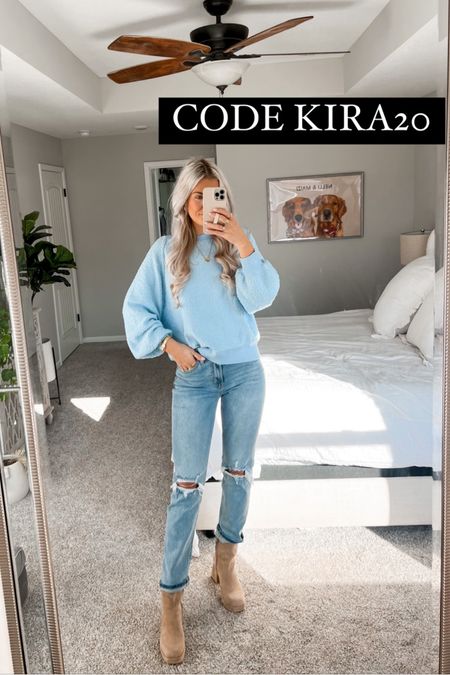 size large in sweater—- so soft and so comfy! size 3 in denim jeans - Code: KIRA20

#LTKunder50 #LTKstyletip #LTKSeasonal