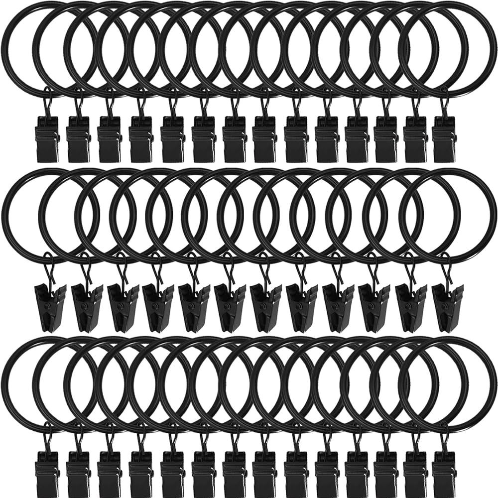 AMZSEVEN 40 Pack Metal Curtain Rings with Clips, Drapery Clips Hooks, Decorative Rod Clips Hangers 1.5 Inch Interior Diameter Eyelets, Rustproof Vintage Black | Amazon (US)