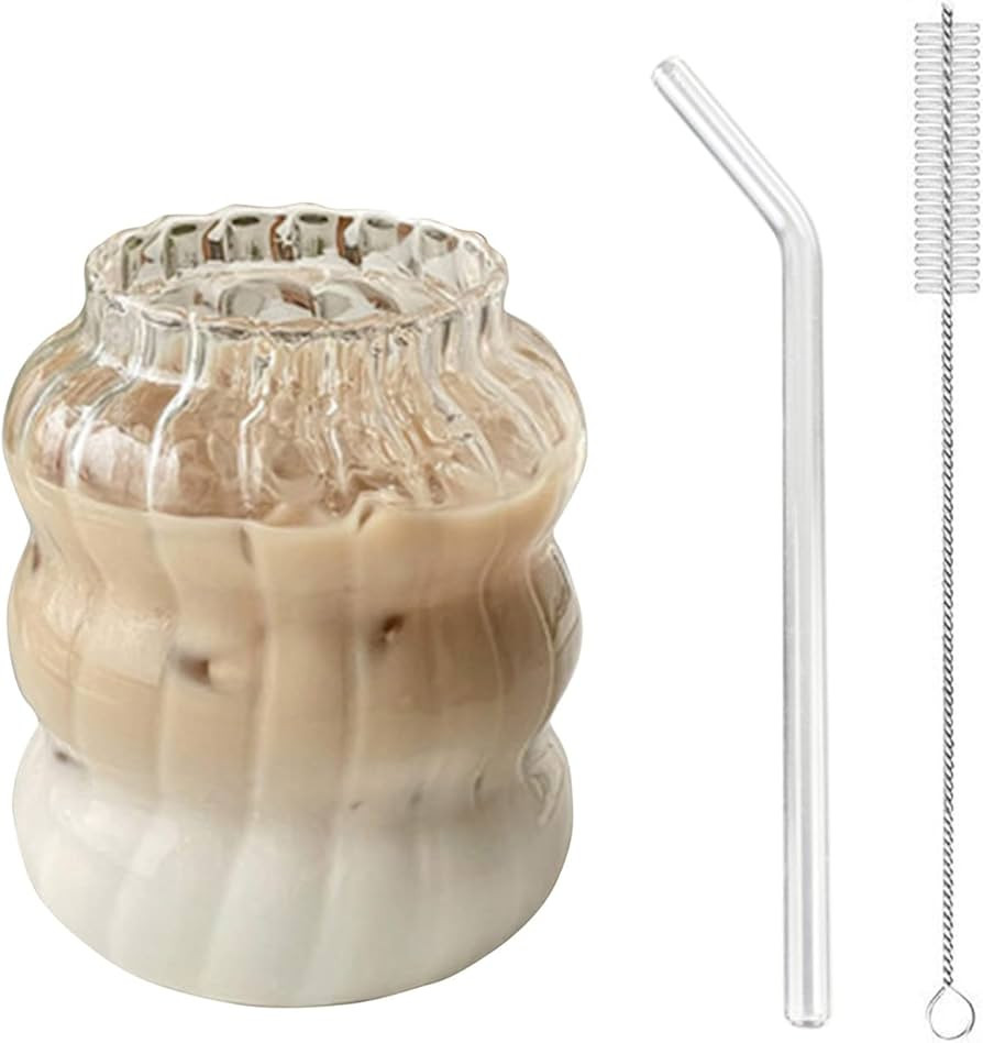 Iced Coffee Cup with Straw 22 oz Glass Clear Ripple Coffee Mug with Glass Straw and Straw Cleaner... | Amazon (US)