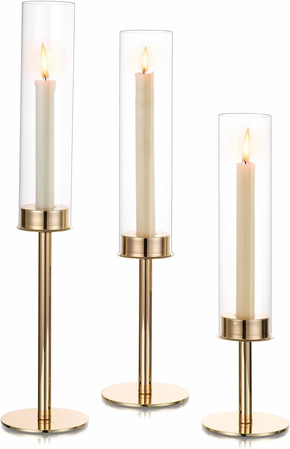 Hewory Gold Candlestick Holders: 3PCS Cylinder Glass Hurricane for Tapers | Amazon (US)