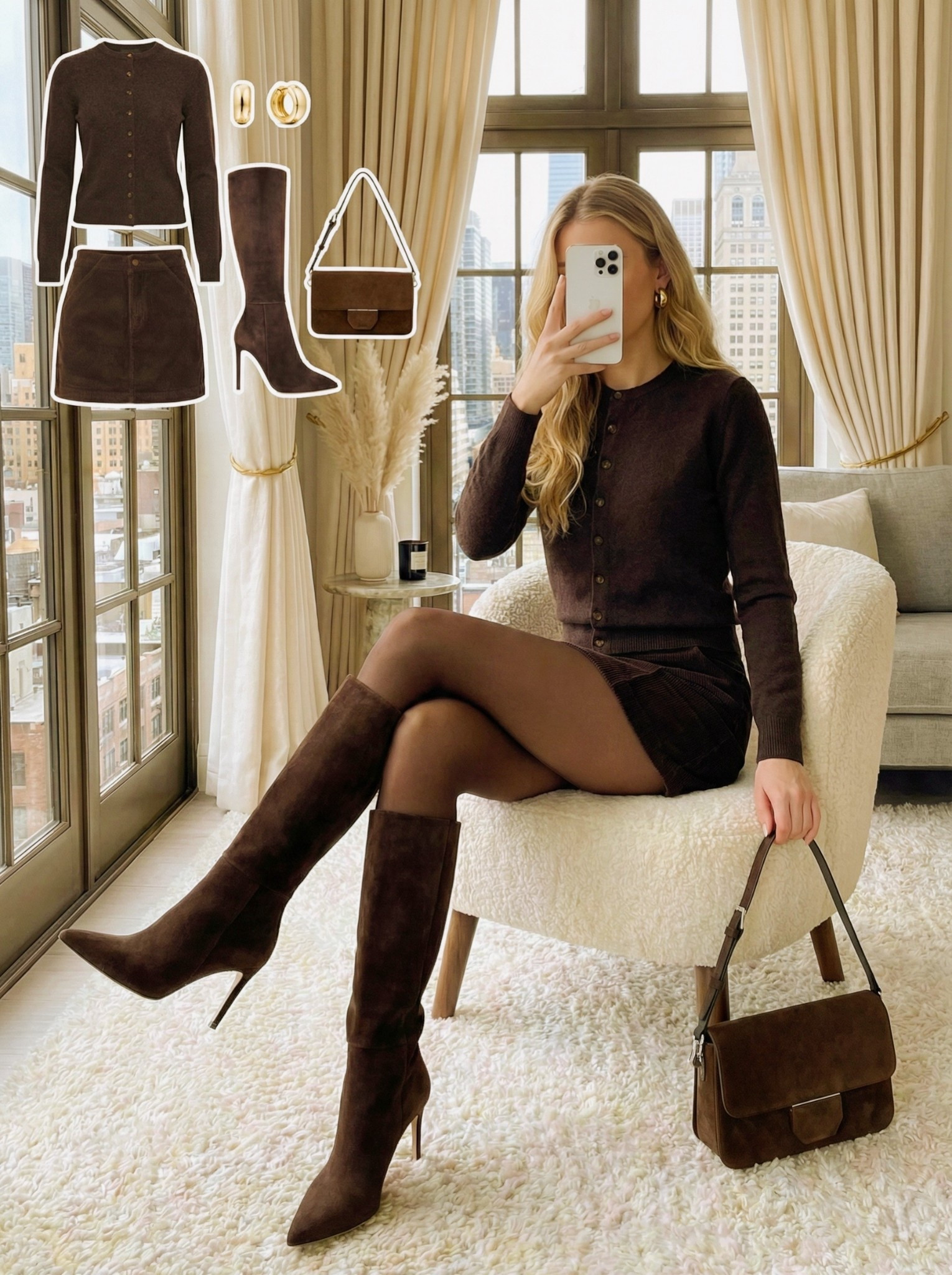 ✨ Cocoa Monochrome Moment ✨

A sleek head to toe chocolate look built around rich textures and clean lines. The fitted cardigan and mini skirt create a coordinated set that feels polished and modern while still staying wearable for everyday. Dark sheer tights keep the outfit seamless and add just the right amount of softness.

Tall suede boots elongate the legs and elevate the silhouette, and the structured suede bag ties the whole cocoa palette together. Simple gold hoops finish the look with quiet glow.

🤎 Style Notes:
• Matching cardigan and mini skirt for a chic tonal base
• Dark sheer tights to keep the lines smooth
• Tall suede boots for height and polish
• Structured suede bag for a cohesive textural touch
• Gold hoops for minimal shine

Everything linked and ready to shop ✨

#LTKootd #LTKgrwm #LTKSeasonal