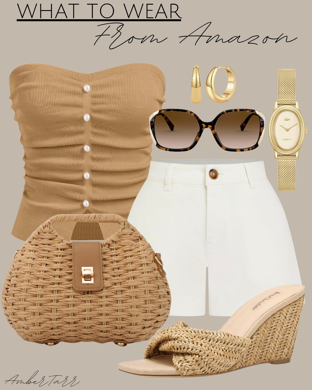 Camel and white summer outfit from Amazon that is casual, chic, and so easy to wear. This ruched pearl-button bandeau top paired with white shorts, a woven rattan bag, raffia wedge sandals, tortoise shell sunglasses, gold hoop earrings, and a dainty gold watch is the perfect warm weather look for brunch, a casual date, or a summer day out. Simple, affordable, and effortlessly put together.

#LTKootd #LTKOver40 #LTKgrwm
