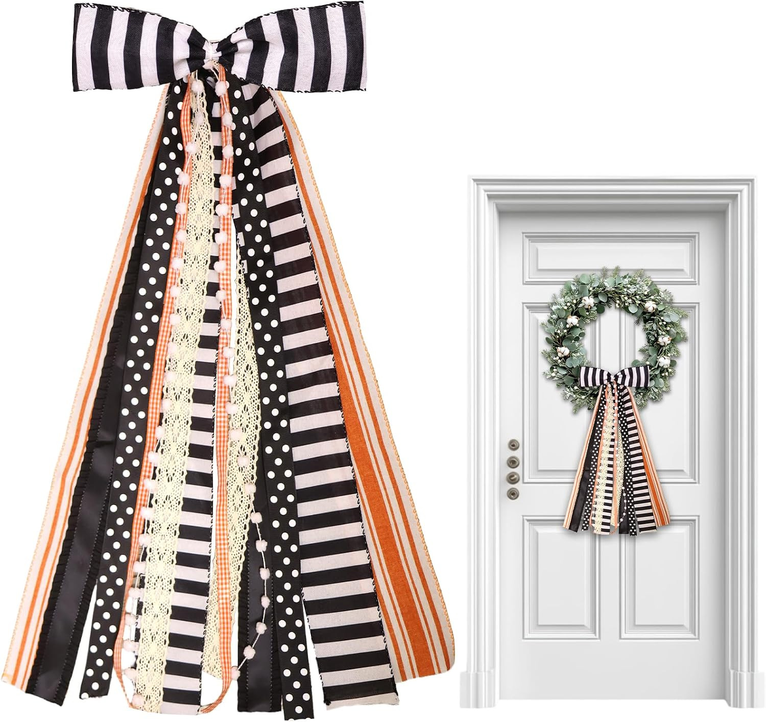 Halloween Black Stripes Wreath Bows for Front Door, Orange Lace Ribbon Bowknot Holiday Bows Accessories for Wreath Thanksgiving Decorations | Amazon (US)