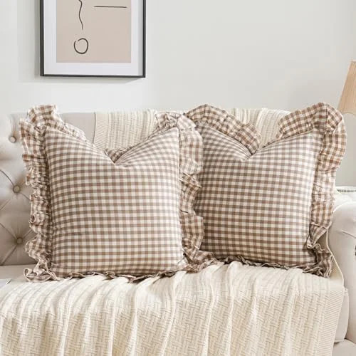 2 Pack Taupe/Brown Plaid Ruffle Throw Pillow Covers Farmhouse Checkered Chic Washed Cotton Pillow... | Walmart (US)