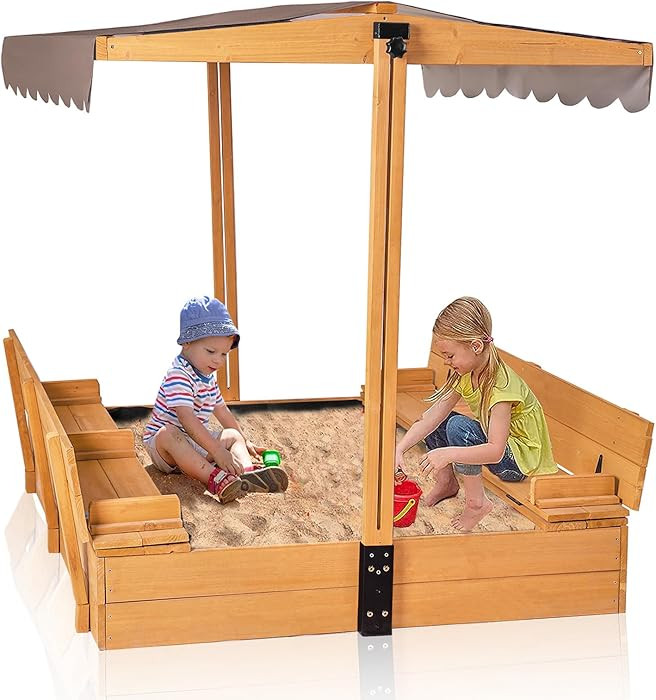 GUTINNEEN Wooden Sandbox with Adjustable Canopy, Outdoor Kids Sand Box with Foldable Benches, San... | Amazon (US)
