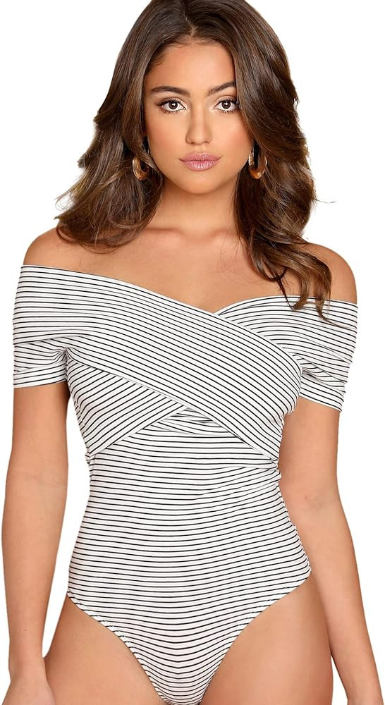 SOLY HUX Women's Criss Cross Striped Wrap Off The Shoulder Skinny Elegant Bodysuit | Amazon (US)