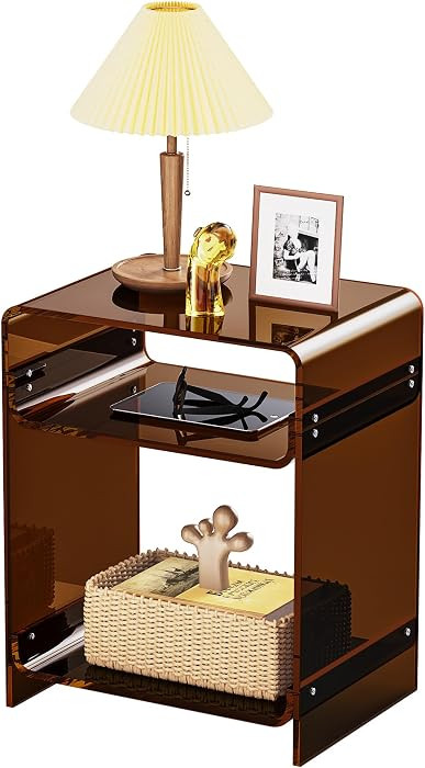 Acrylic End Table Record Player Table with Storage Shelf Clear Side Table Nightstand (Dark Brown) | Amazon (US)