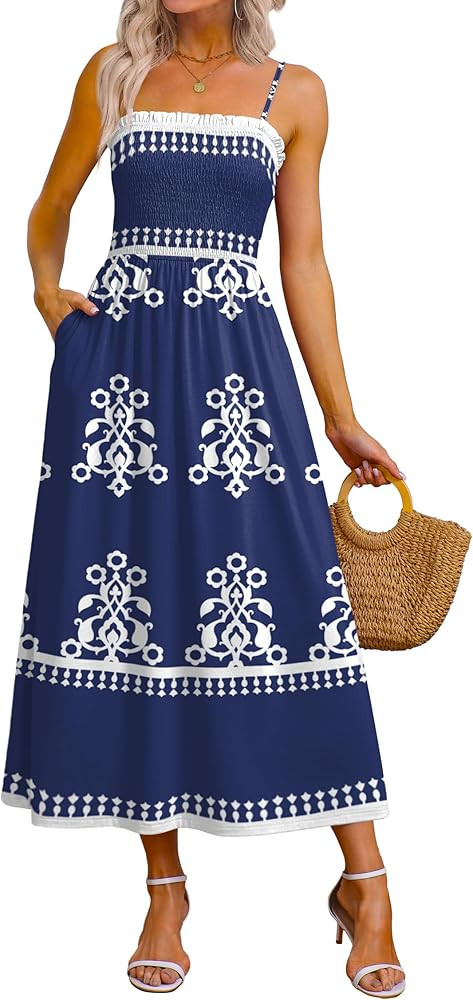 OFEEFAN Womens Spaghetti Strap Maxi Dresses Smocked with Pockets 2026 Summer Spring Casual Boho B... | Amazon (US)